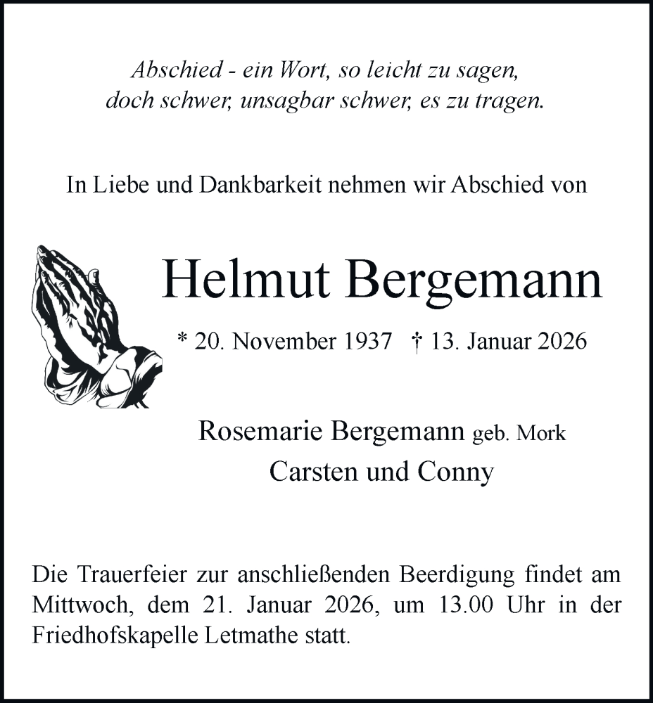  Traueranzeige für Helmut Bergemann vom 17.01.2026 aus Tageszeitung