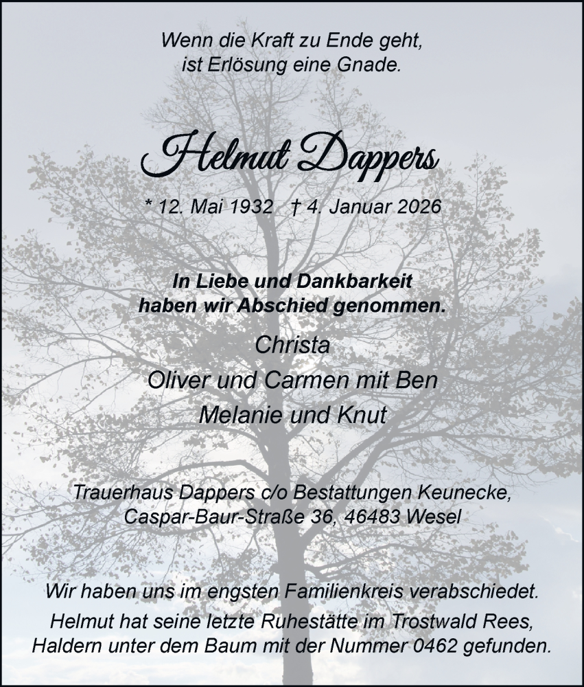  Traueranzeige für Helmut Dappers vom 17.01.2026 aus Tageszeitung