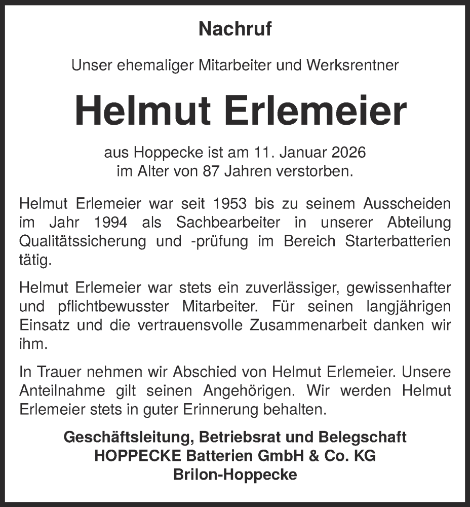  Traueranzeige für Helmut Erlemeier vom 19.01.2026 aus Tageszeitung