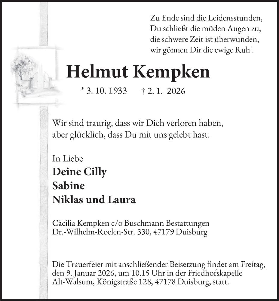  Traueranzeige für Helmut Kempken vom 07.01.2026 aus Tageszeitung