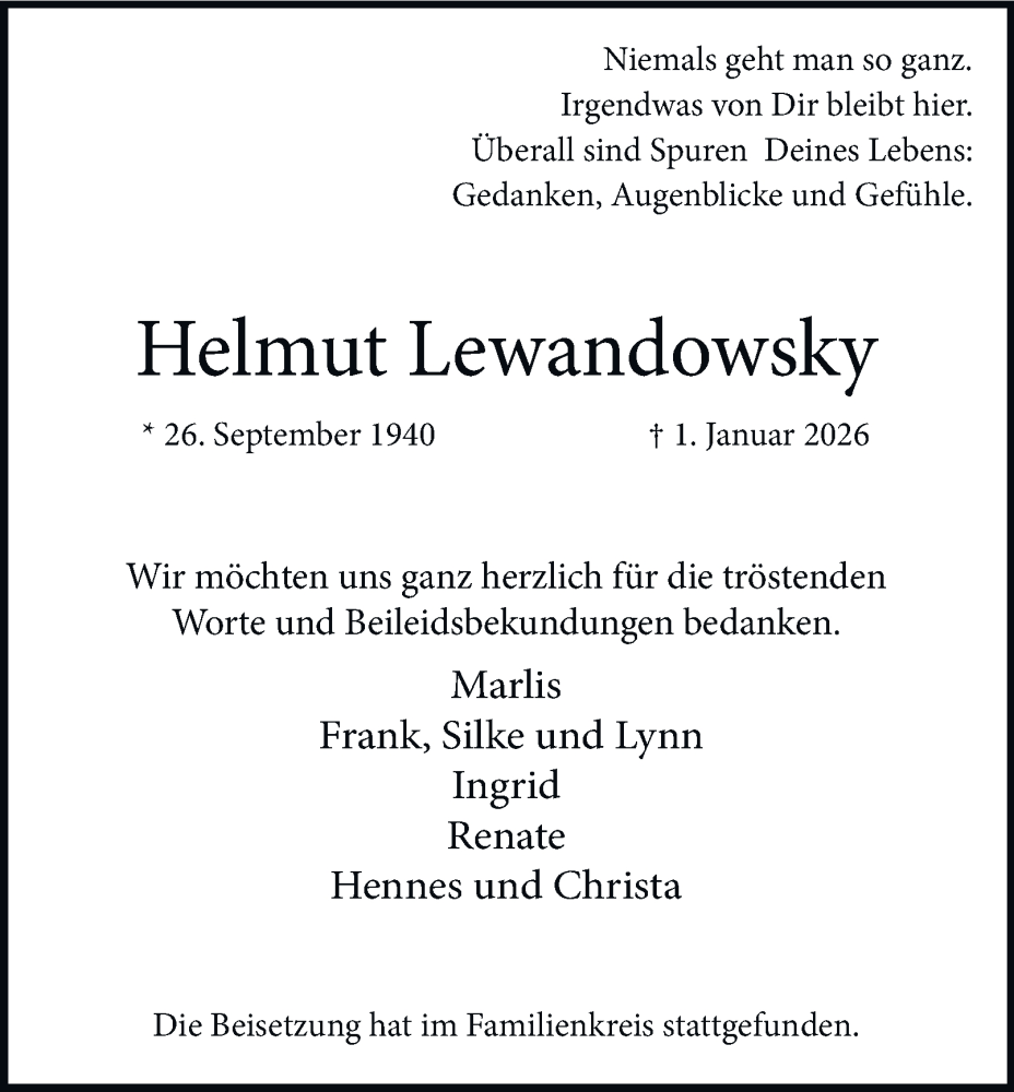  Traueranzeige für Helmut Lewandowsky vom 31.01.2026 aus Tageszeitung
