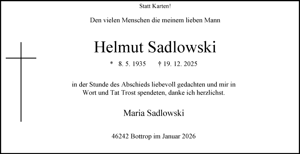  Traueranzeige für Helmut Sadlowski vom 31.01.2026 aus Tageszeitung