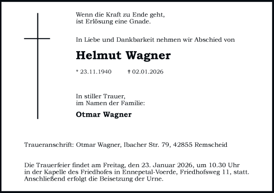 Traueranzeige von Helmut Wagner von Tageszeitung