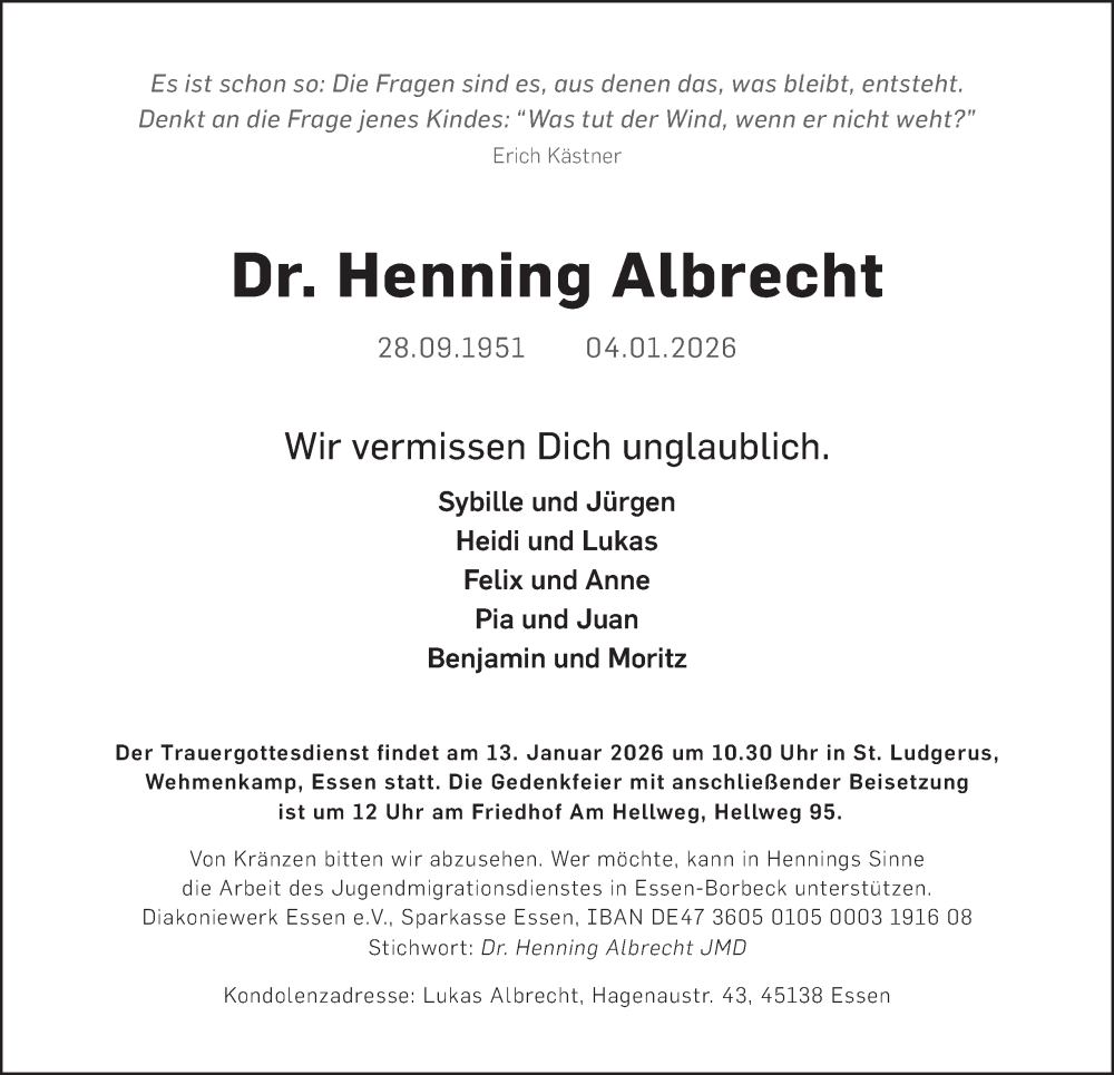  Traueranzeige für Henning Albrecht vom 10.01.2026 aus Tageszeitung
