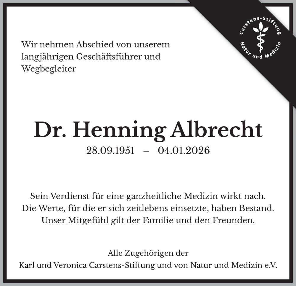  Traueranzeige für Henning Albrecht vom 10.01.2026 aus Tageszeitung