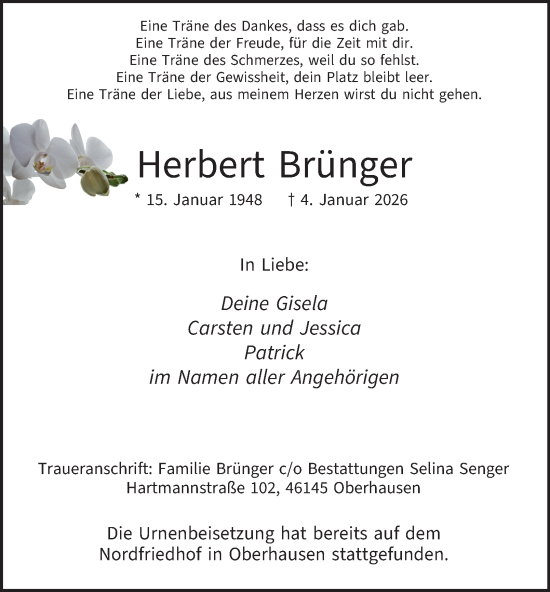 Traueranzeige von Herbert Brünger von Tageszeitung