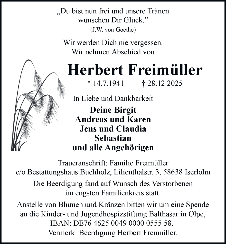  Traueranzeige für Herbert Freimüller vom 17.01.2026 aus Tageszeitung