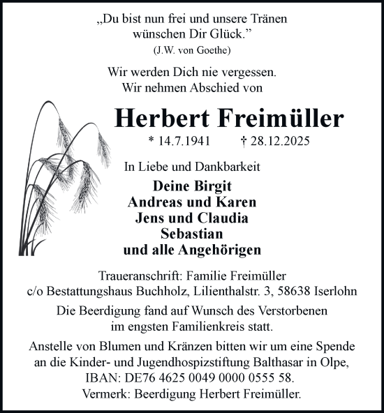 Traueranzeige von Herbert Freimüller von Tageszeitung
