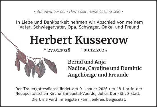 Traueranzeige von Herbert Kusserow von Tageszeitung
