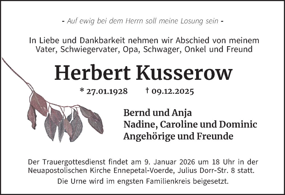  Traueranzeige für Herbert Kusserow vom 03.01.2026 aus Tageszeitung