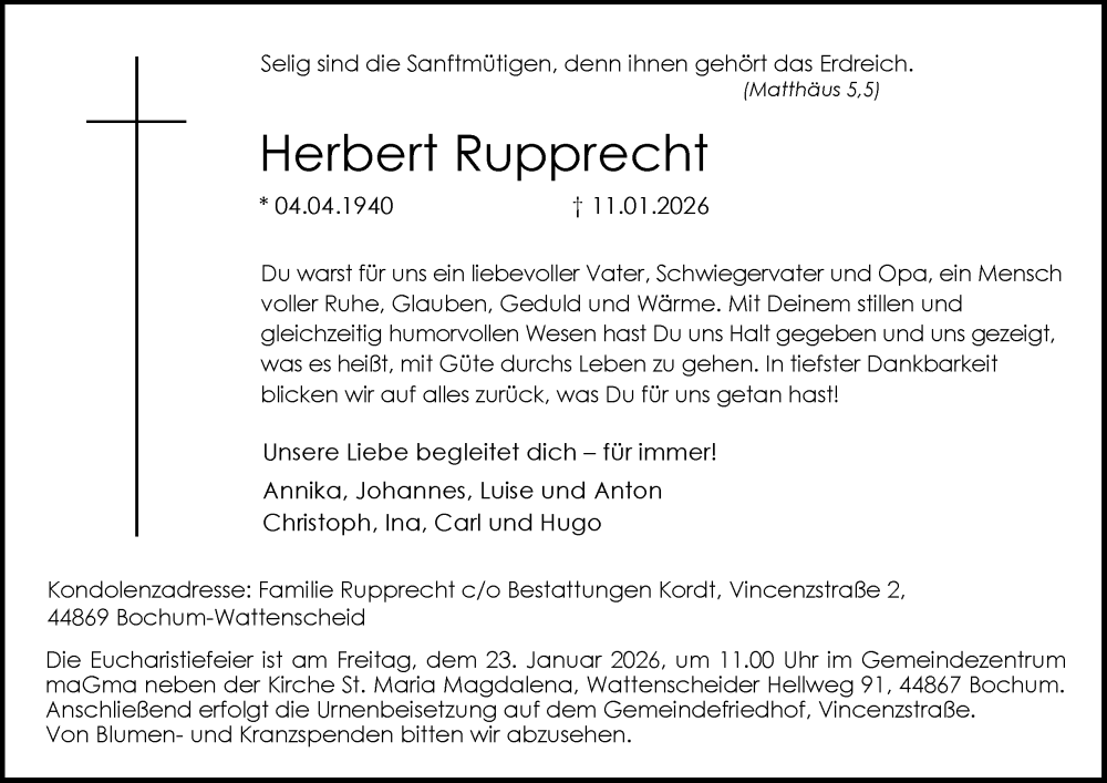  Traueranzeige für Herbert Rupprecht vom 17.01.2026 aus Tageszeitung
