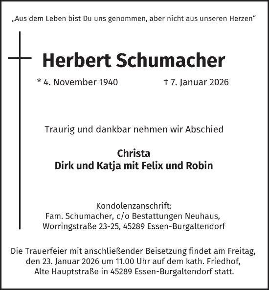 Traueranzeige von Herbert Schumacher von Tageszeitung