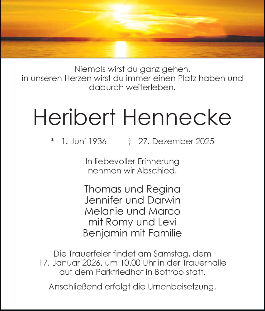  Traueranzeige für Heribert Hennecke vom 10.01.2026 aus Tageszeitung