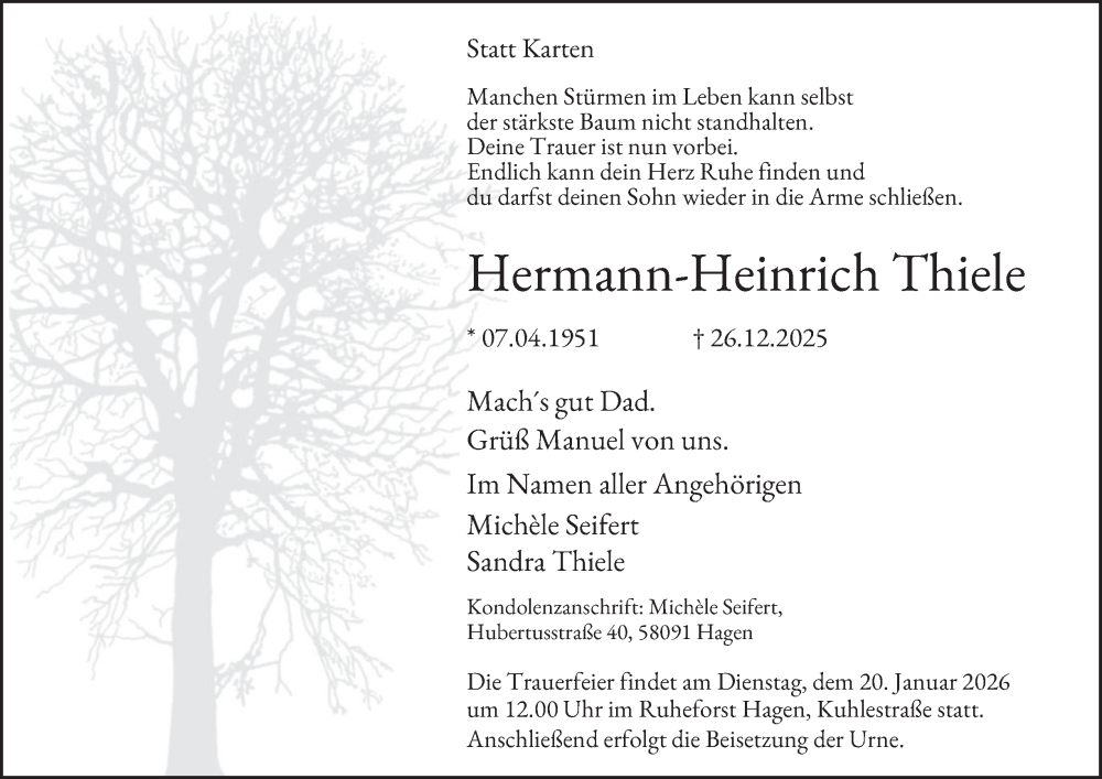  Traueranzeige für Hermann-Heinrich Thiele vom 10.01.2026 aus Tageszeitung