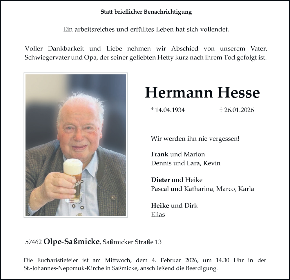  Traueranzeige für Hermann Hesse vom 31.01.2026 aus Tageszeitung