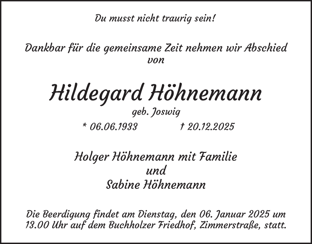  Traueranzeige für Hildegard Höhnemann vom 03.01.2026 aus Tageszeitung