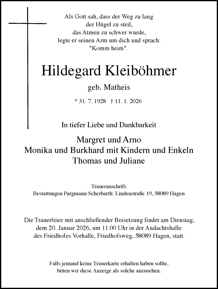  Traueranzeige für Hildegard Kleiböhmer vom 17.01.2026 aus Tageszeitung