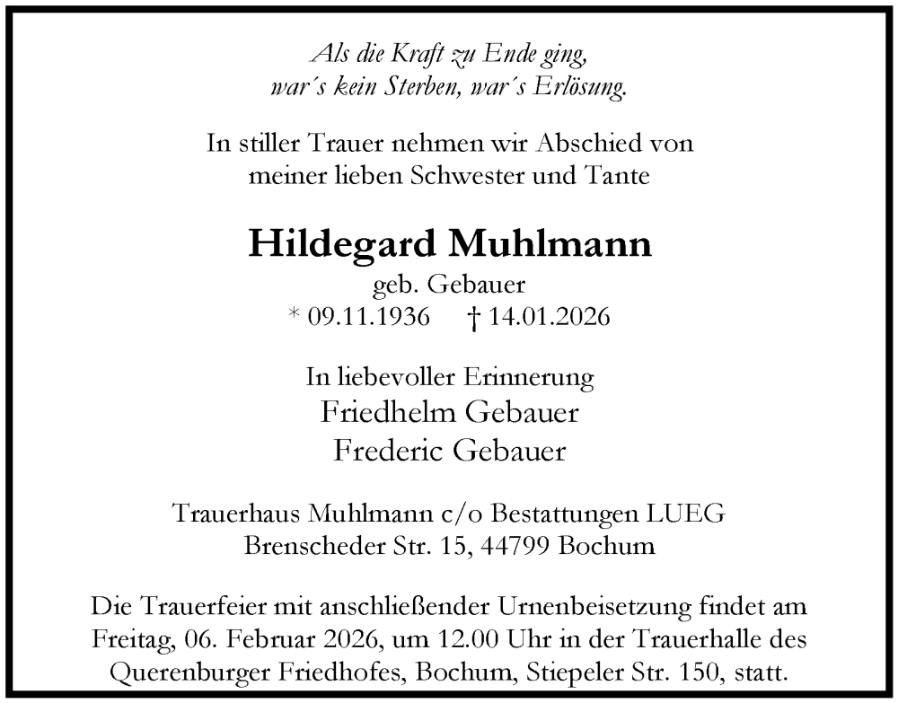  Traueranzeige für Hildegard Muhlmann vom 31.01.2026 aus Tageszeitung