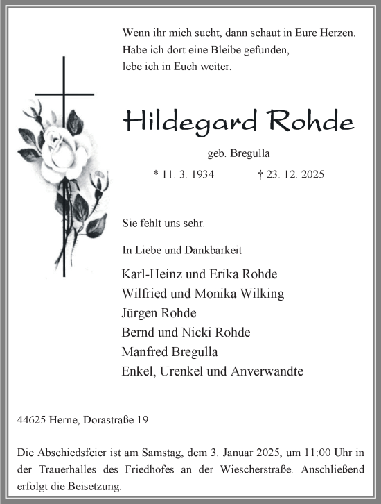 Traueranzeige von Hildegard Rohde von Tageszeitung