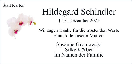 Traueranzeige von Hildegard Schindler von Tageszeitung