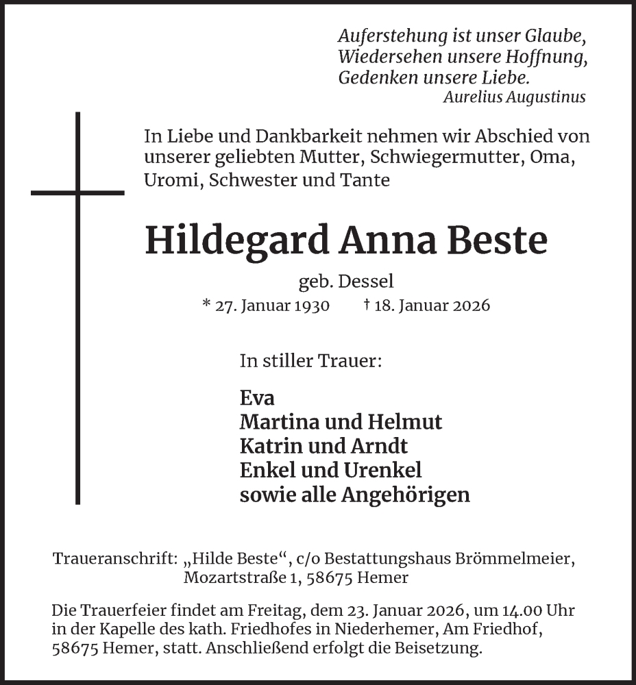  Traueranzeige für Hildegard Anna Beste vom 22.01.2026 aus Tageszeitung
