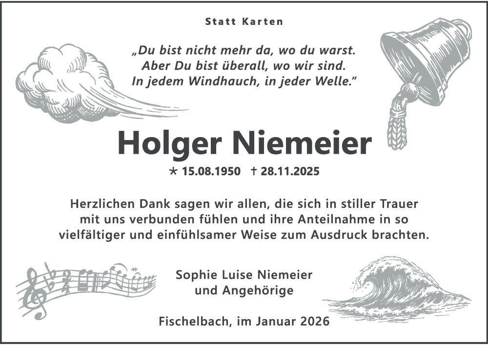  Traueranzeige für Holger Niemeier vom 24.01.2026 aus Tageszeitung