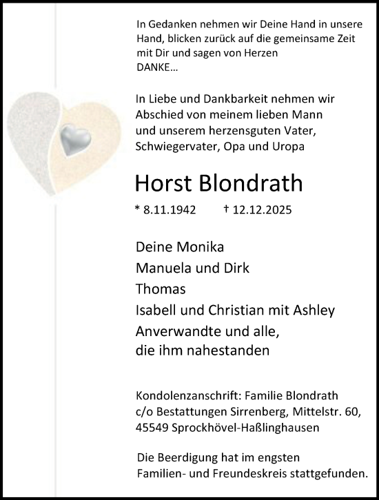 Traueranzeige von Horst Blondrath von Tageszeitung