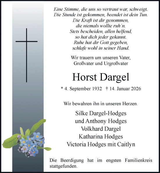 Traueranzeige von Horst Dargel von Tageszeitung