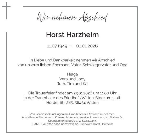 Traueranzeige von Horst Harzheim von Tageszeitung