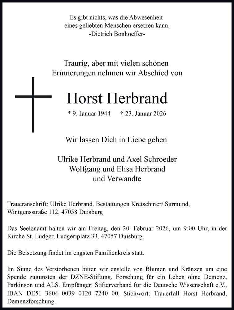  Traueranzeige für Horst Herbrand vom 31.01.2026 aus Tageszeitung