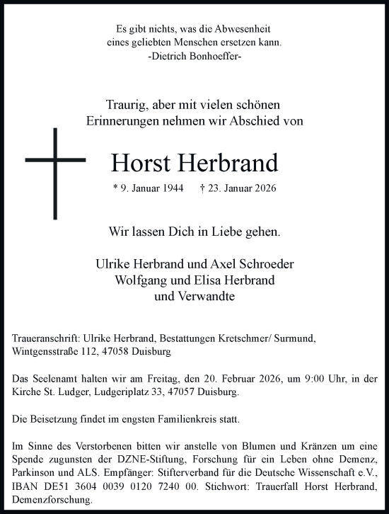 Traueranzeige von Horst Herbrand von Tageszeitung
