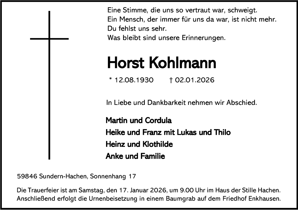  Traueranzeige für Horst Kohlmann vom 10.01.2026 aus Tageszeitung