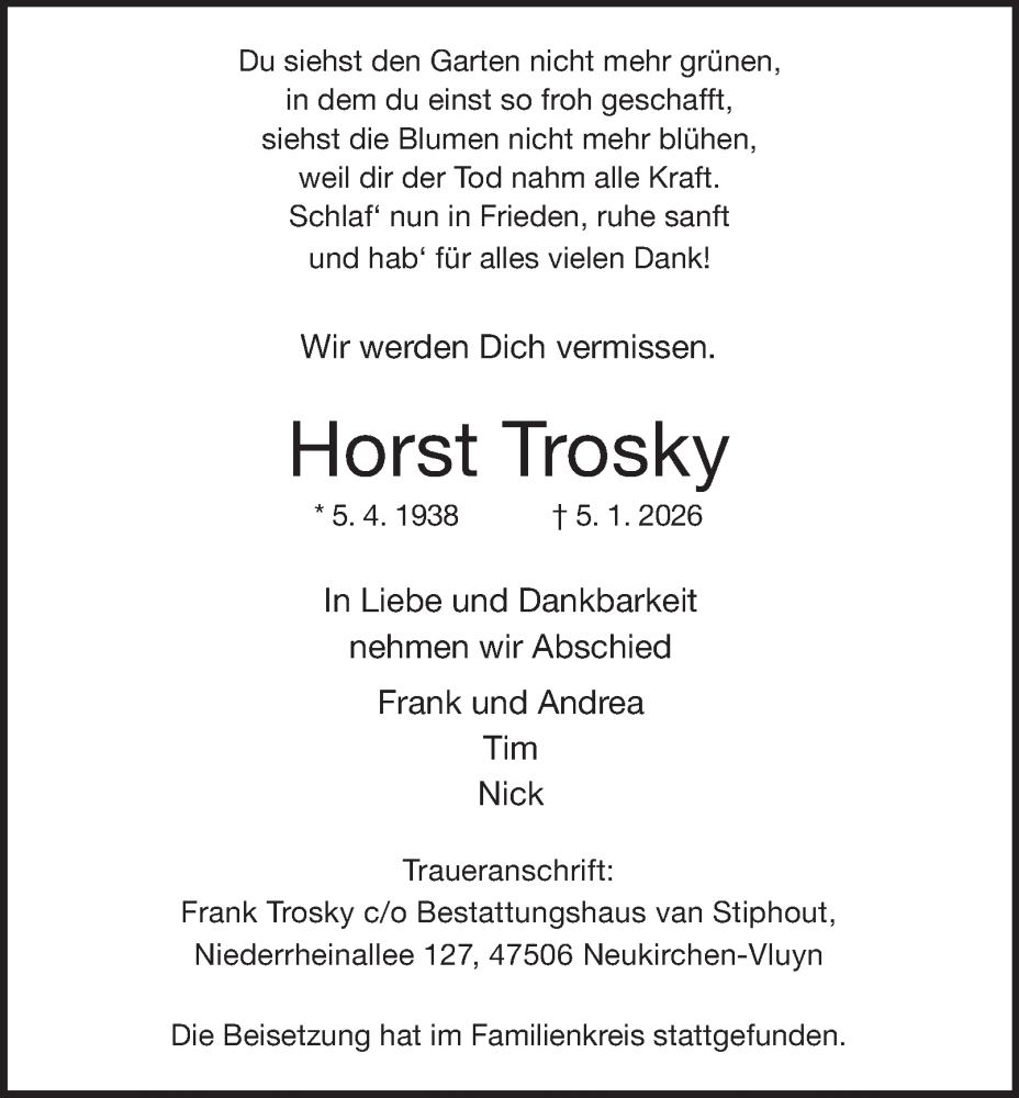  Traueranzeige für Horst Trosky vom 15.01.2026 aus Tageszeitung