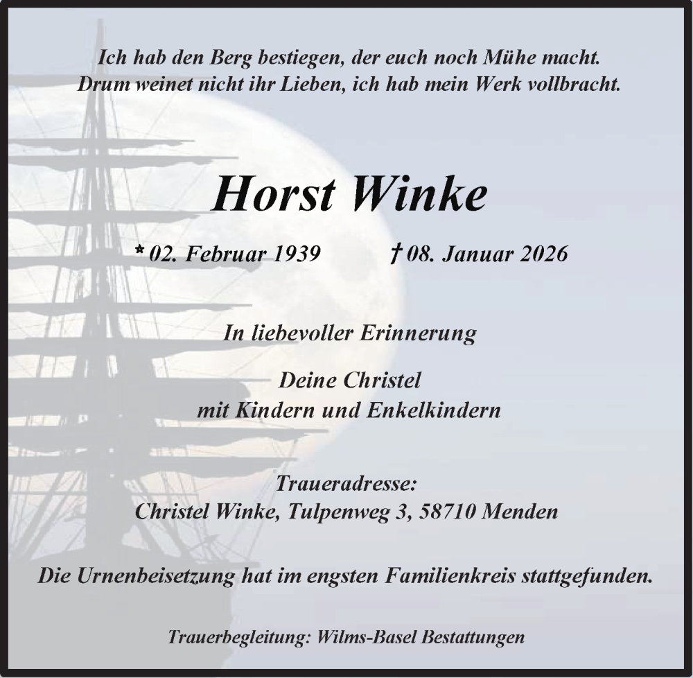  Traueranzeige für Horst Winke vom 24.01.2026 aus Tageszeitung