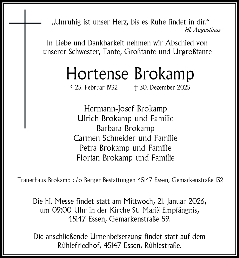  Traueranzeige für Hortense Brokamp vom 10.01.2026 aus Tageszeitung