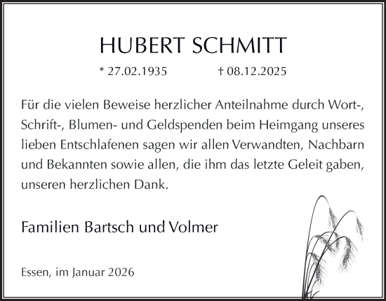 Traueranzeige von Hubert Schmitt von Tageszeitung