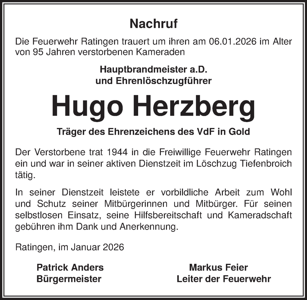  Traueranzeige für Hugo Herzberg vom 17.01.2026 aus Tageszeitung