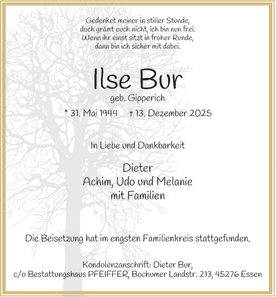 Traueranzeige von Ilse Bur von Tageszeitung