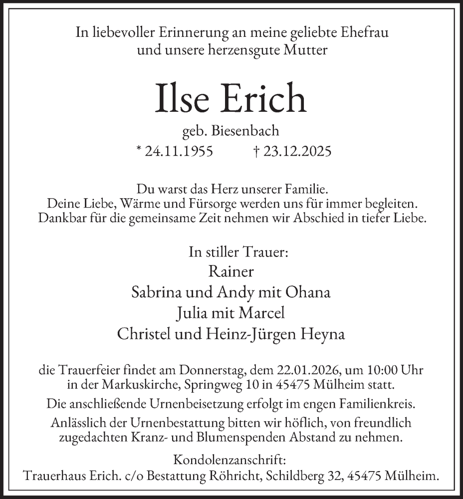  Traueranzeige für Ilse Erich vom 17.01.2026 aus Tageszeitung