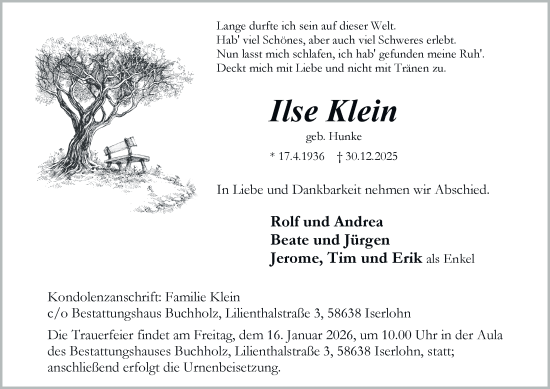 Traueranzeige von Ilse Klein von Tageszeitung