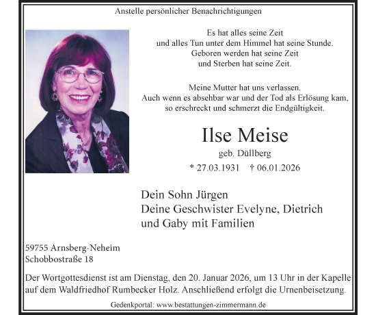 Traueranzeige von Ilse Meise von Tageszeitung