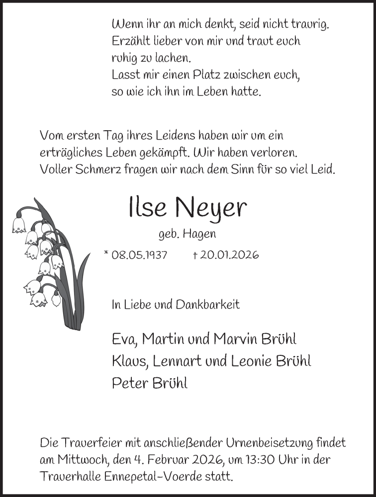  Traueranzeige für Ilse Neyer vom 31.01.2026 aus Tageszeitung