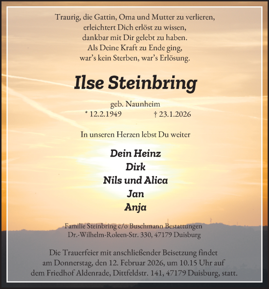 Traueranzeige von Ilse Steinbring von Tageszeitung