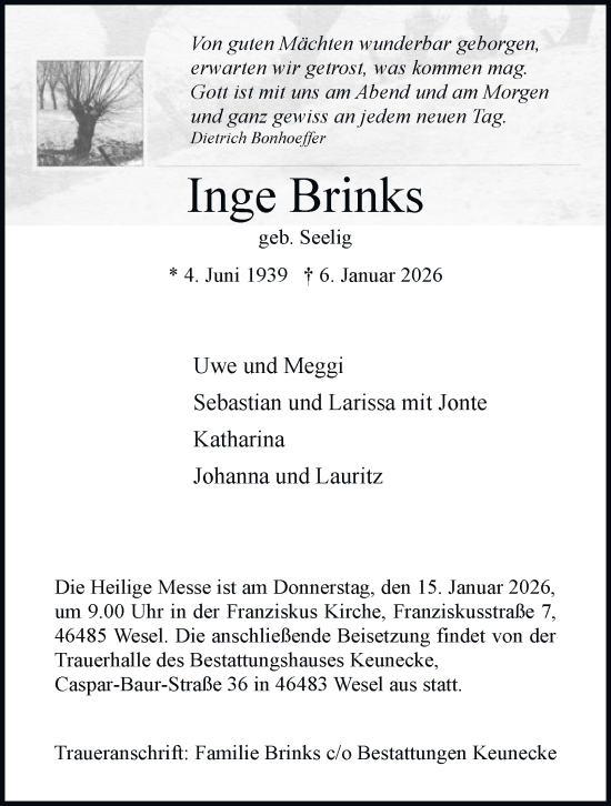 Traueranzeige von Inge Brinks von Tageszeitung