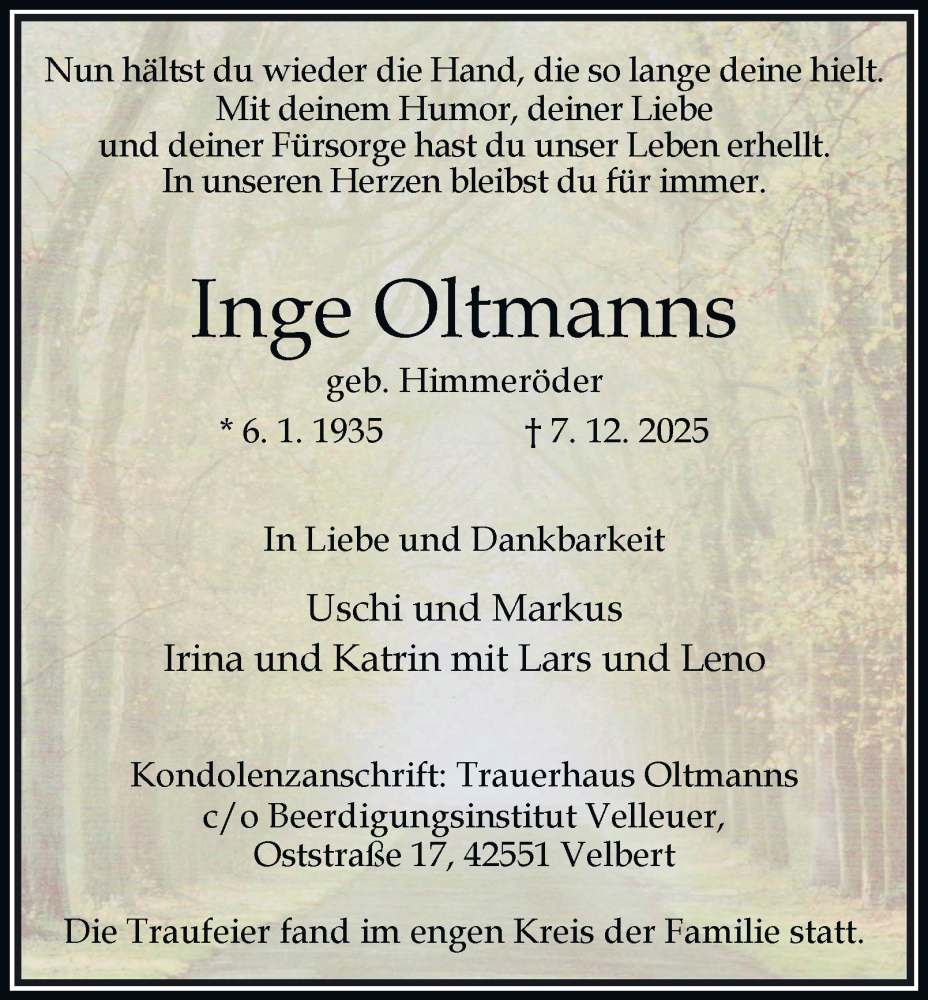  Traueranzeige für Inge Oltmanns vom 10.01.2026 aus Tageszeitung