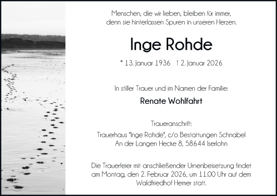 Traueranzeige von Inge Rohde von Tageszeitung