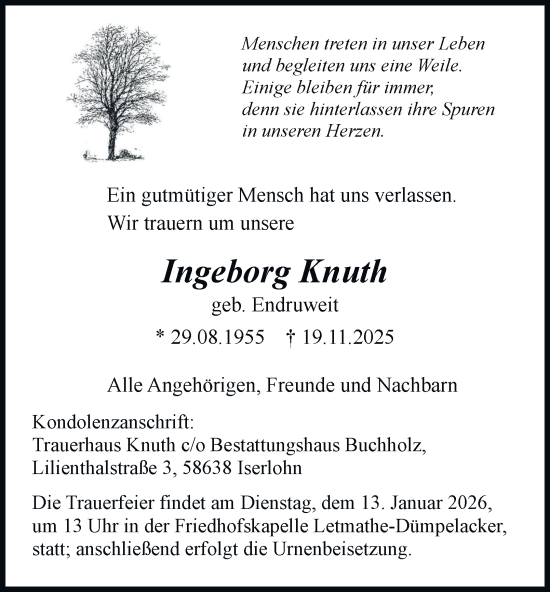 Traueranzeige von Ingeborg Knuth von Tageszeitung