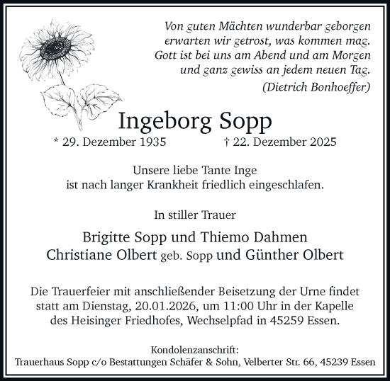 Traueranzeige von Ingeborg Sopp von Tageszeitung