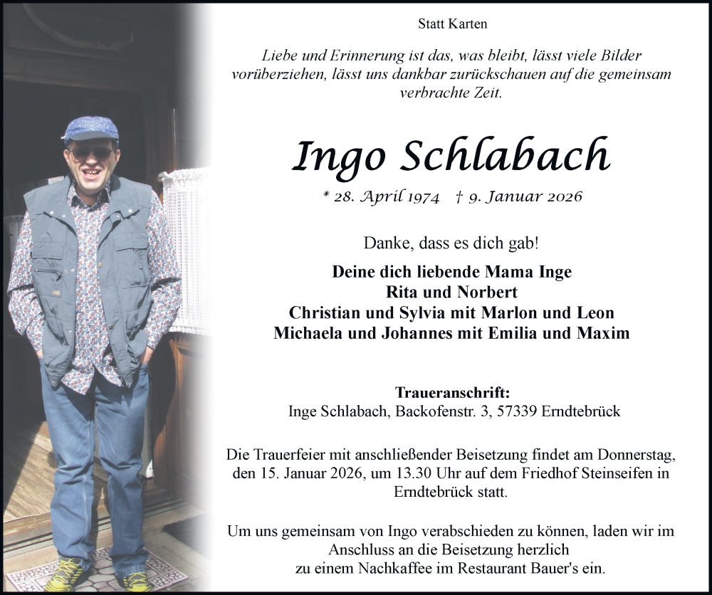  Traueranzeige für Ingo Schlabach vom 14.01.2026 aus Tageszeitung
