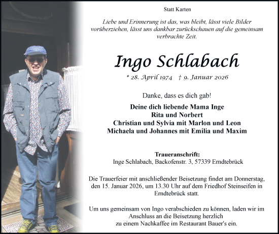 Traueranzeige von Ingo Schlabach von Tageszeitung